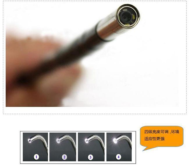 采用進(jìn)口攝像頭，45萬像素，成象效果好，照明無死角，無光斑